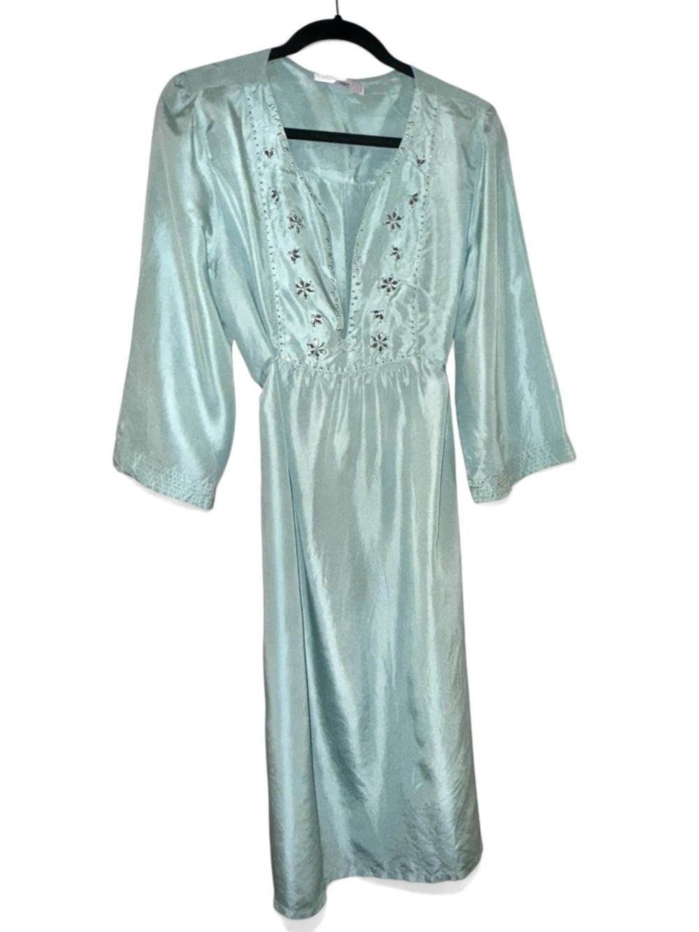Victoria's Secret Silk Light blue nightgown, flower rhinestones, plunging V-Neck